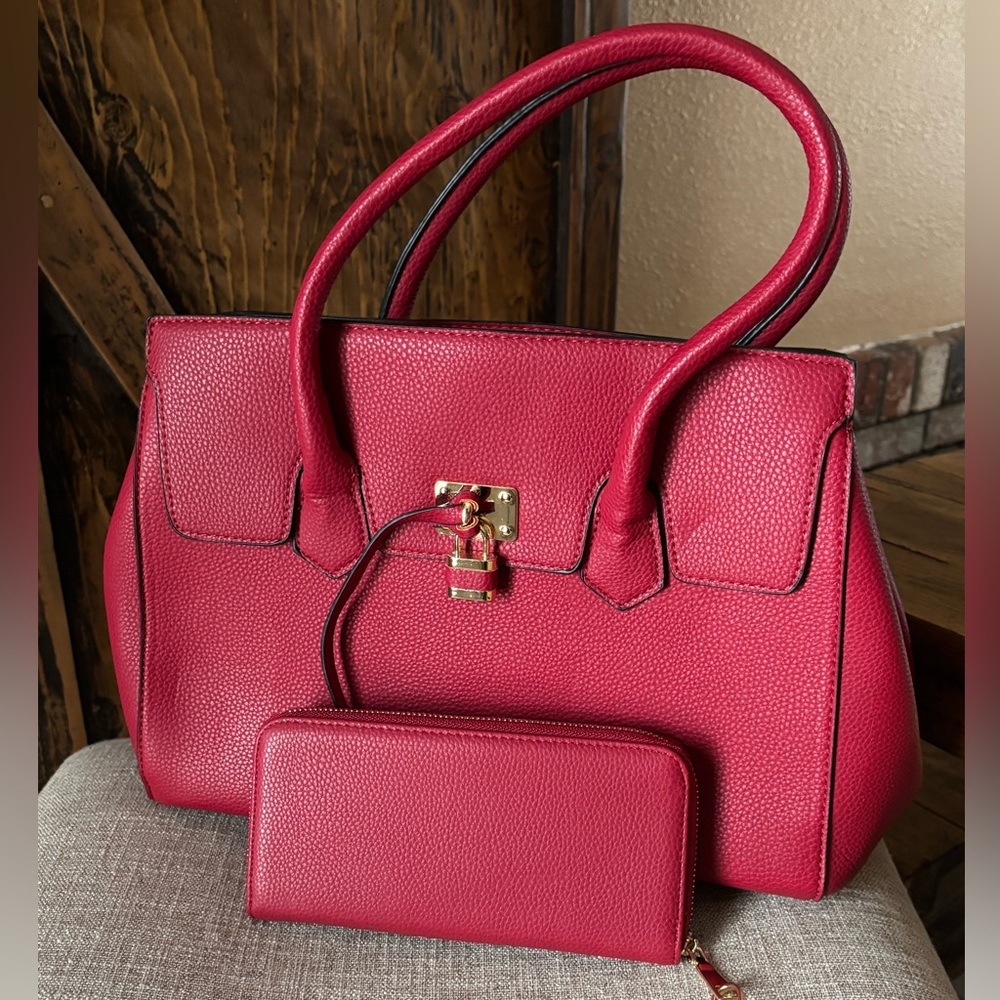 Elegant Red Satchel and Wallet Set